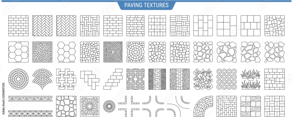 Fototapeta premium Street pavement tile patterns top view with brick, stone, cobblestone, path and paving textures for architectural plans, garden maps and landscape design vector collection.