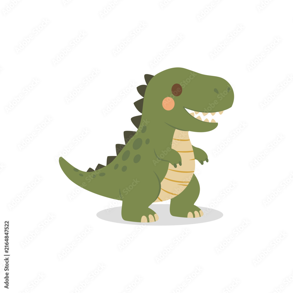 Fototapeta premium Cartoon Tyrannosaurus dinosaur character with green scales and striped belly in a hand drawn style.