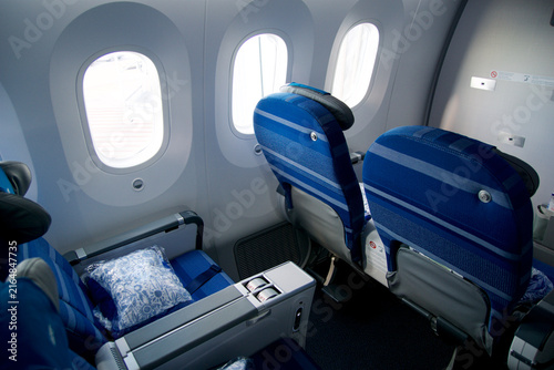 Quadro su tela Warsaw, Poland, May 10 2018: Premium economy seat with blanket and pillow prepar