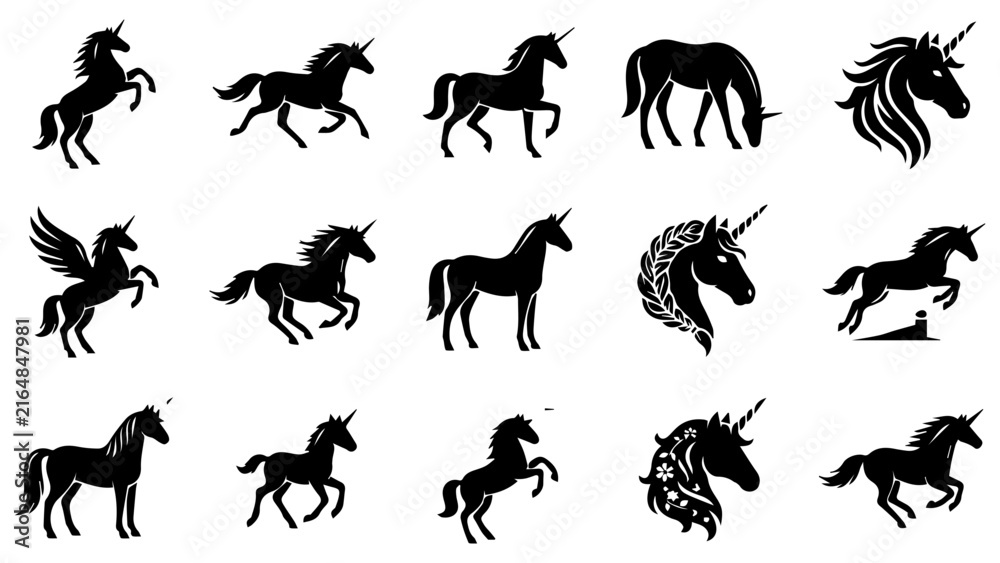 Fototapeta premium Set of black silhouette icons of magical unicorn horses in various poses and different actions for design