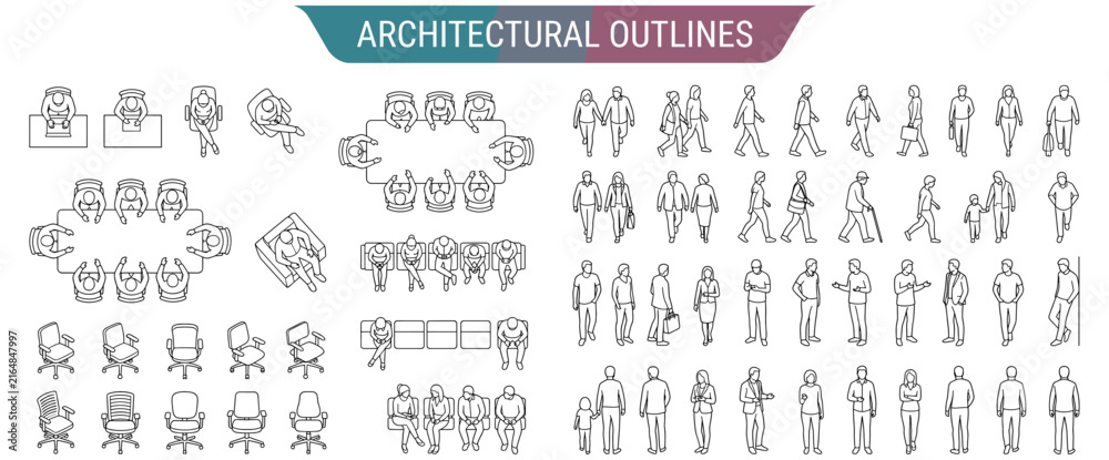 Obraz premium Architectural people top view vector set with walking, sitting and standing outline figures for CAD drawing, floor plan, interior layout and building design on gray background