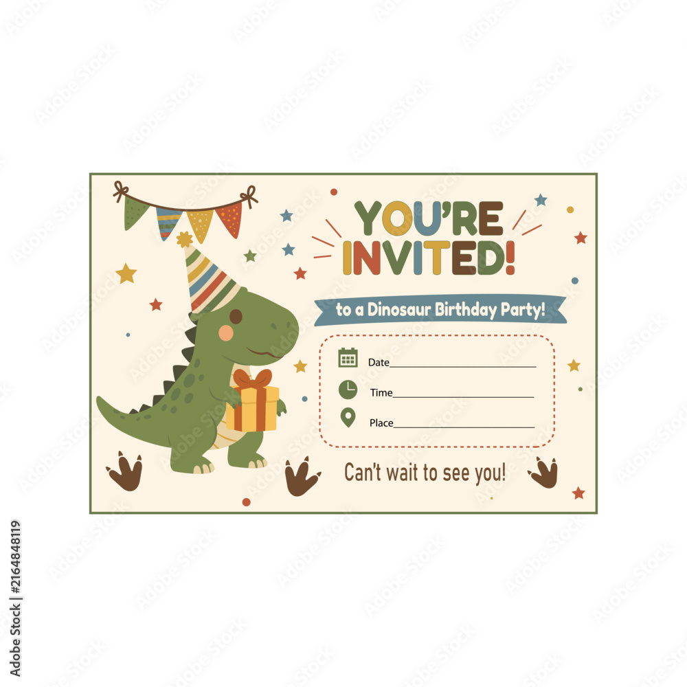 Fototapeta premium T Rex dinosaur birthday invitation with party hat, gift, bunting and fields for date, time and place.