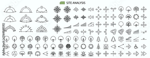 Bild auf Leinwand Architecture site analysis icon symbol diagram with sun path wind noise vegetati