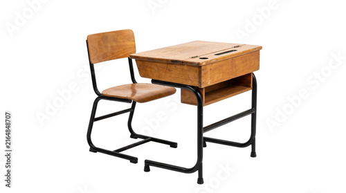 School desk, chair and table isolated on transparent background.