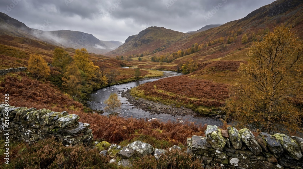Fototapeta premium A scenic view of a valley in Scotland during peak autumn, featuring a meandering river and hillsides covered in vibrant fall foliage, AI generated