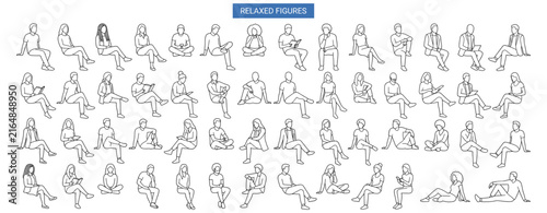 Architectural Sitting People Scale Figures Set, Diverse Men and Women in Relaxed Poses, Minimalist Line Art Elevation CAD Blocks for Sections and Interior Rendering