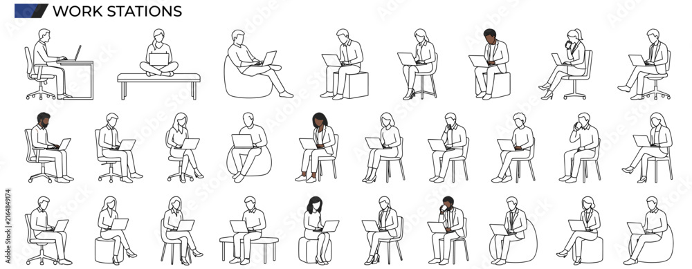Obraz premium Architectural CAD People Sitting with Laptops, Diverse Men and Women Working in Minimal Line Art Elevation Vector Set for Section Drawings, Plans, and Interior Renderings
