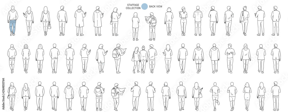 Fototapeta premium Back View People Vector Illustration, Hand Drawn Men and Women from Behind in Walking and Standing Poses for Architectural Design, Urban Planning, Street and Landscape Projects