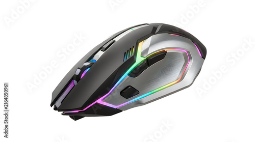 A modern ergonomic gaming mouse featuring customizable rgb lighting, metallic side accents, and multiple programmable buttons isolated on transparent background