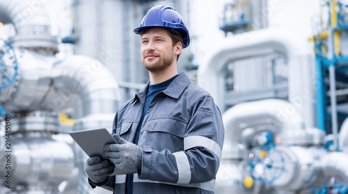 Male engineer in hard hat holding tablet computer in industrial plant with pipelines during daytime