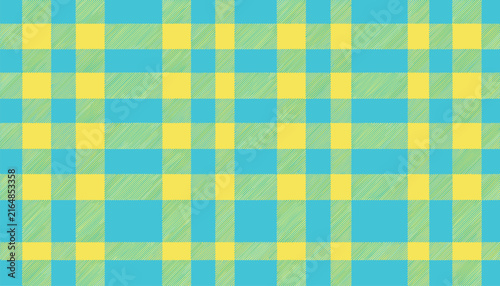 Seamless tartan plaid pattern with yellow and turquoise blue colors features a hand-drawn scribbled sketch texture.
