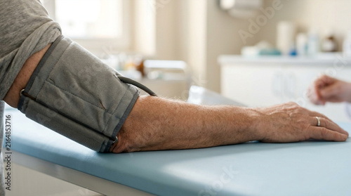 Patient having blood pressure measured on arm by medical professional in clinics