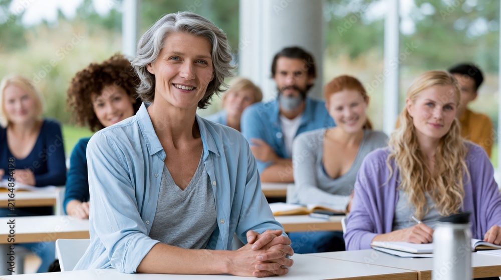 Fototapeta premium Mature woman smiling confidently in a classroom setting with diverse students learning behind her
