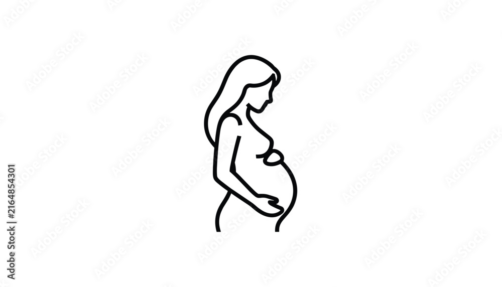 Fototapeta premium Simple black line icon of a pregnant woman standing sideways representing pregnancy, motherhood, and family planning.