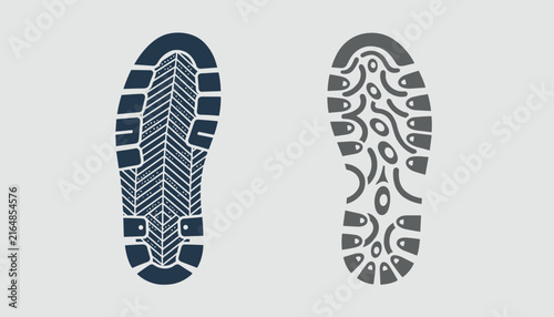 Two detailed boot sole tread patterns showing grip designs are presented in dark blue and grey on a light background.