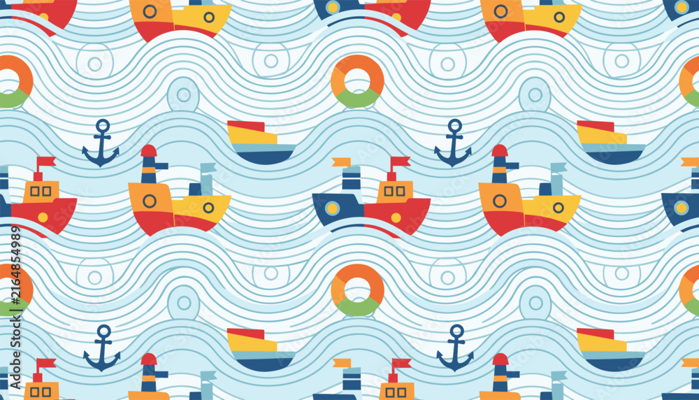 Obraz premium Cute seamless marine pattern with colorful cartoon boats, lifebuoys, and anchors on blue wavy sea backdrop.