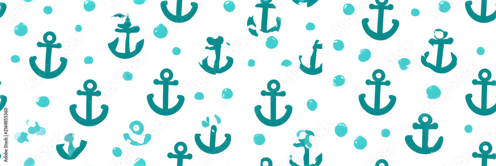 A ship anchor and bubbles in a blue-green hue, set against a white background. A seamless pattern. Vector illustration, simple and flat. Texture.