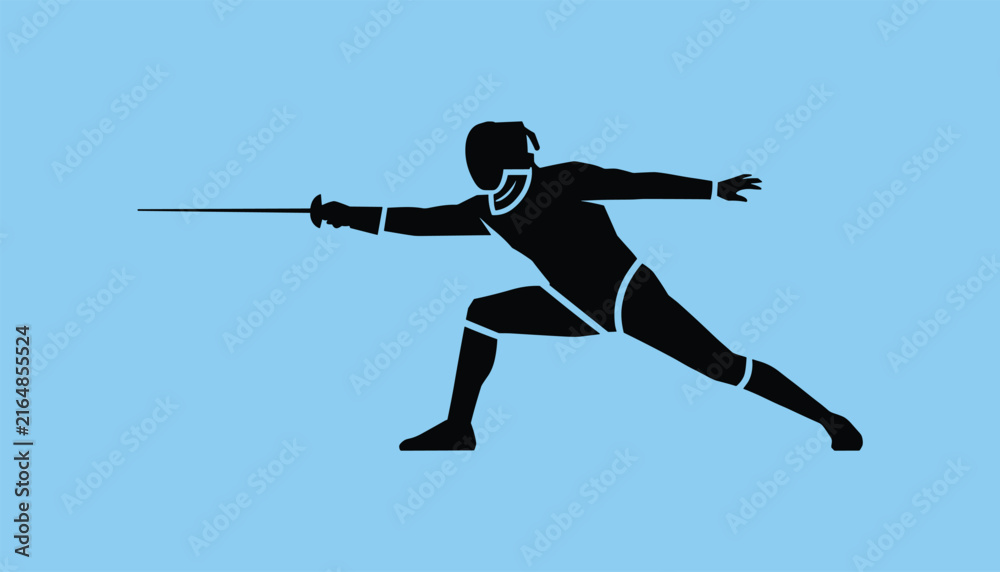Fototapeta premium Crisp black silhouette of a fencer lunging forward with a foil sword on a clear solid light blue background.