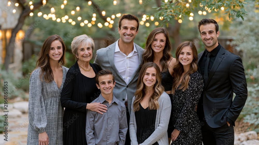 Obraz premium Multi-generational family portrait in a warm outdoor setting with bokeh lights during twilight