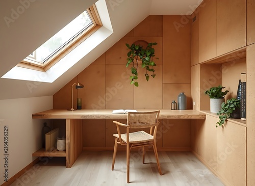 Cozy attic home office interior with wooden desk, woven chair, sloping ceiling and roof
