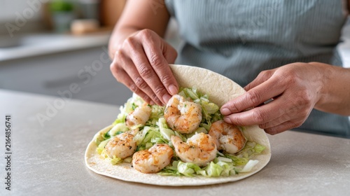 Shrimp being placed on a tortilla with fresh lettuce by a person in a kitchen, showcasing preparation for a delicious seafood wrap or taco dish