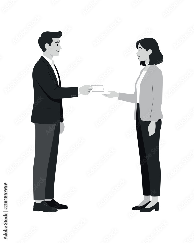 Fototapeta premium Two people exchanging a card or document in a minimal black and white interaction scene, people, exchange, card, document,