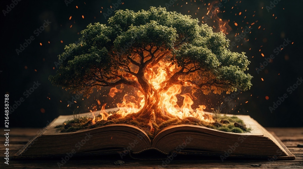 Fototapeta premium Magic tree grows from open book with bright orange flames. Burning mystical tree emerges from ancient pages. Fantasy concept of knowledge, wisdom, spiritual rebirth. Glowing light, sparks fly from