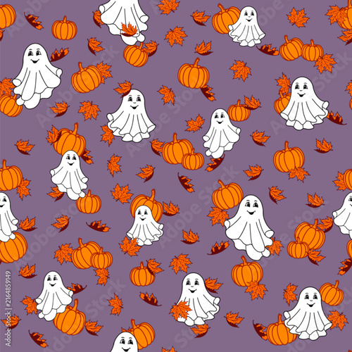 Autumn seamless pattern with maple leaves, pumpkins, and cheerful Halloween ghosts on a lilac background. Vector illustration.