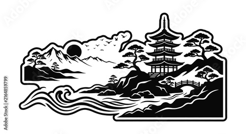 Japanese pagoda silhouette depicts a scenic landscape with mountains and waves