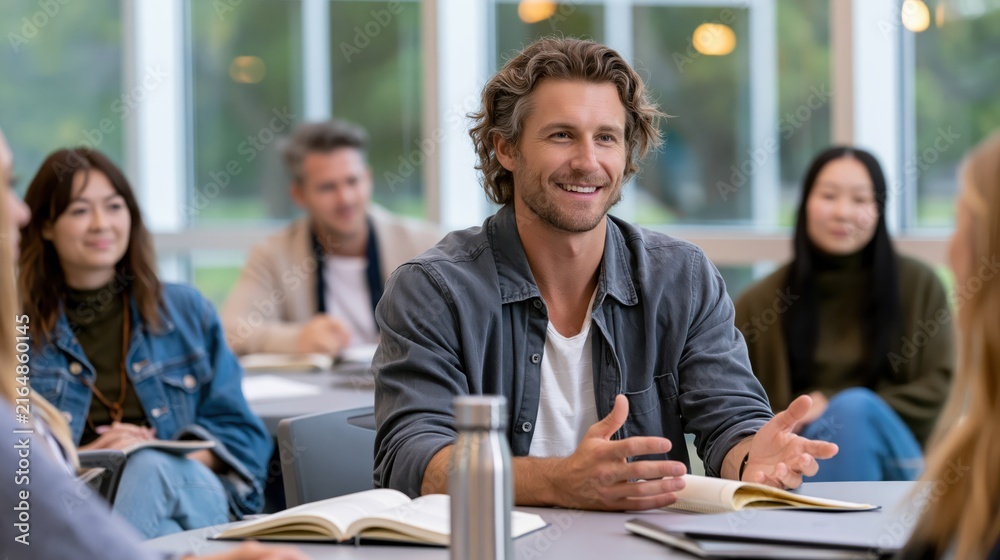 Fototapeta premium Smiling man in casual shirt leading discussion with diverse students in bright modern classroom setting