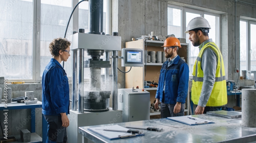 Fototapeta premium Engineers and Scientists Testing Concrete Strength in Laboratory. Concept of strength test, material testing, engineer. Copy space.