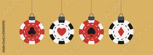 Stylized Poker Chip Ornaments with Card Suits Hanging as Festive Christmas Decorations for Casino Holiday Themes, Playful and Unique.