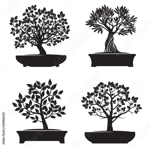 Black shape Bonsai Trees. Outline Illustration.