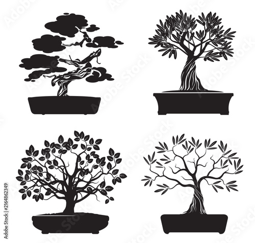 Black shape Bonsai Trees. Outline Illustration.