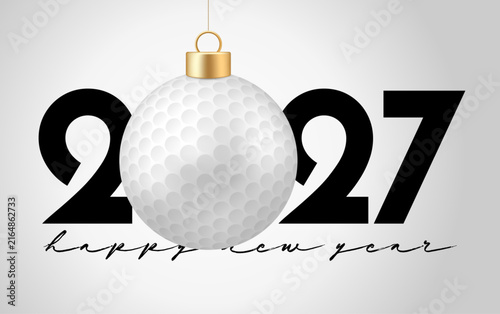 Golf ball as a Christmas ornament forming the year 2027 for a modern Happy New Year greeting card.