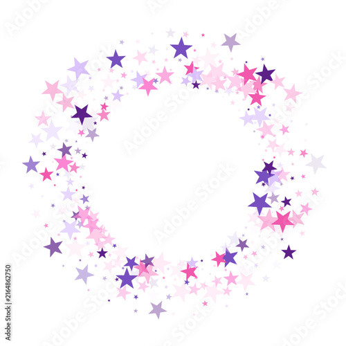 Flying stars confetti holiday vector in pink violet purple on white. Magic sp...