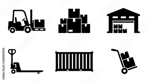 Logistics Icons Set: Forklift, Warehouse, Boxes, Shipping Container, Pallet Jack, Dolly