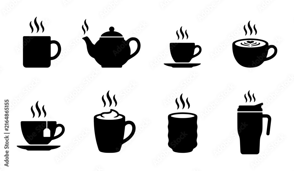 Fototapeta premium Hot Beverage Icons Set: Steaming Mugs, Teapots, Coffee Cups, Thermal Tumbler Vector Graphics