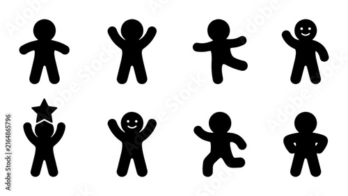 Simple Silhouette Figures, 8 Diverse Poses Vector Icons, Black Human Shapes for Web and Print Design