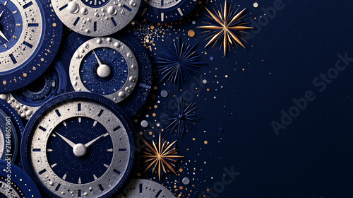 New Year Countdown Clocks and Stars on Dark Blue Background
