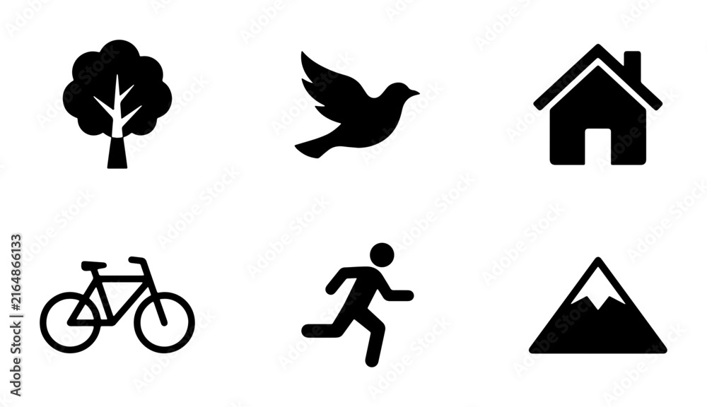 Fototapeta premium Nature and Lifestyle Icons Set: Tree, Bird, House, Bicycle, Runner, Mountain, Vector Graphics for Eco-Friendly Concepts