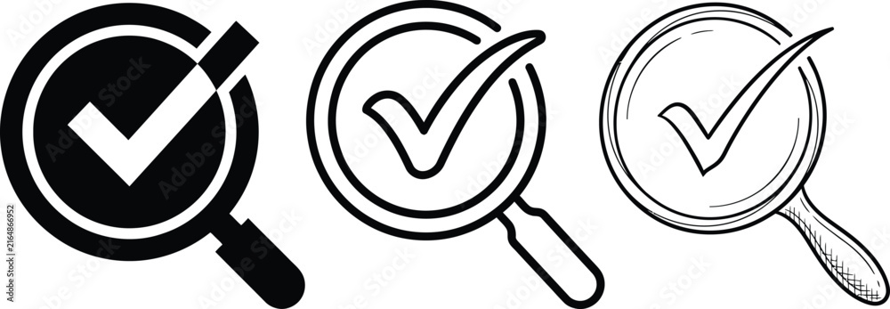 Fototapeta premium Verified Search Icon Set – Magnifying Glass, Checkmark & Quality Control Vector Collection