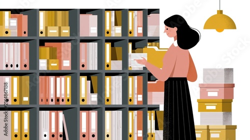 Woman organizing files in a bright office archive with colorful binders and boxes during a workday