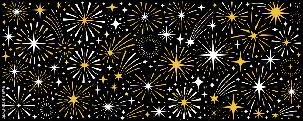 Naklejka premium Festive explosion of gold and white fireworks against a dark background