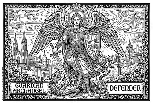 Saint Michael the Archangel depicted as a warrior defeating a dragon
