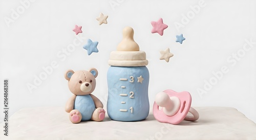 3D Render of Baby Bottle with Pacifier and Teddy Bear, Newborn Parenting Care Concept