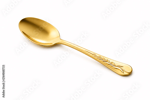 Canvas Print Elegant Golden Spoon with Engraved Handle Isolated on White Background