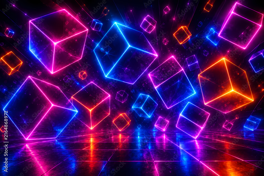 Fototapeta premium Glowing Neon Geometric Cubes on Dark Background – Futuristic Digital Technology, Cyberpunk and Abstract Design
