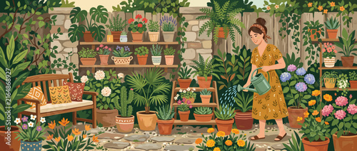 Woman watering a lush garden filled with potted plants and flowers