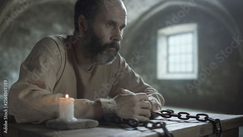 Obraz na plátně Shackled prisoner with clasped hands sitting thoughtfully at a wooden table near